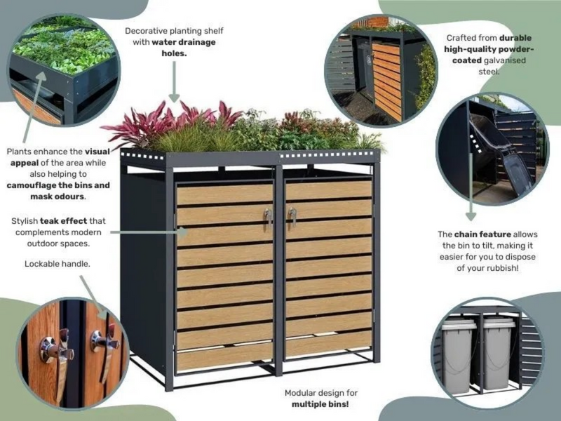 Wood Effect Wheelie Bin Storage With Planter- Double Bin Store