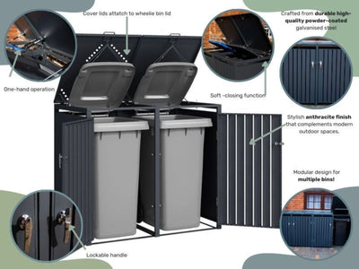 Anthracite Grey Wheelie Bin Storage - Double Bin Store