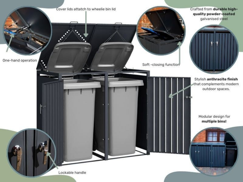 Anthracite Grey Wheelie Bin Storage - Double Bin Store