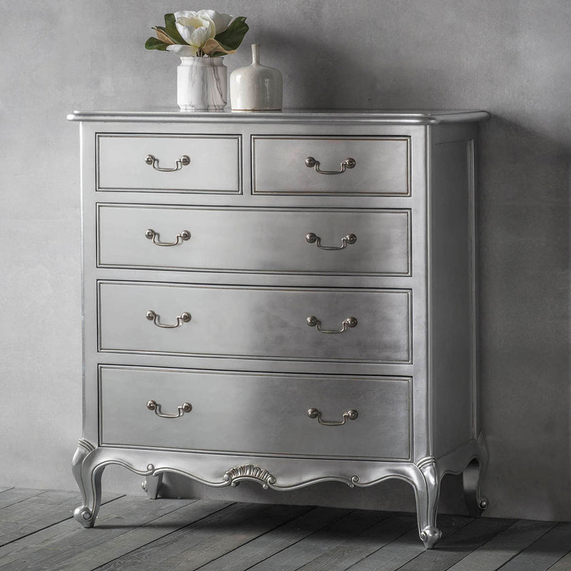 Gallery Interiors Chic 5 Drawer Chest Silver